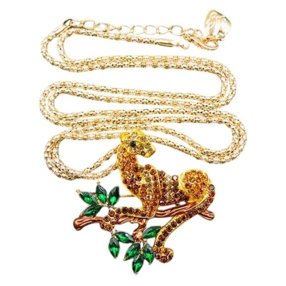 Betsey Johnson Necklace Crystal Leopard Brooch / Pendant Gold Tone - Picture 1 of 2